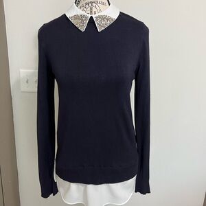 Navy Sweater with Embellished Collar